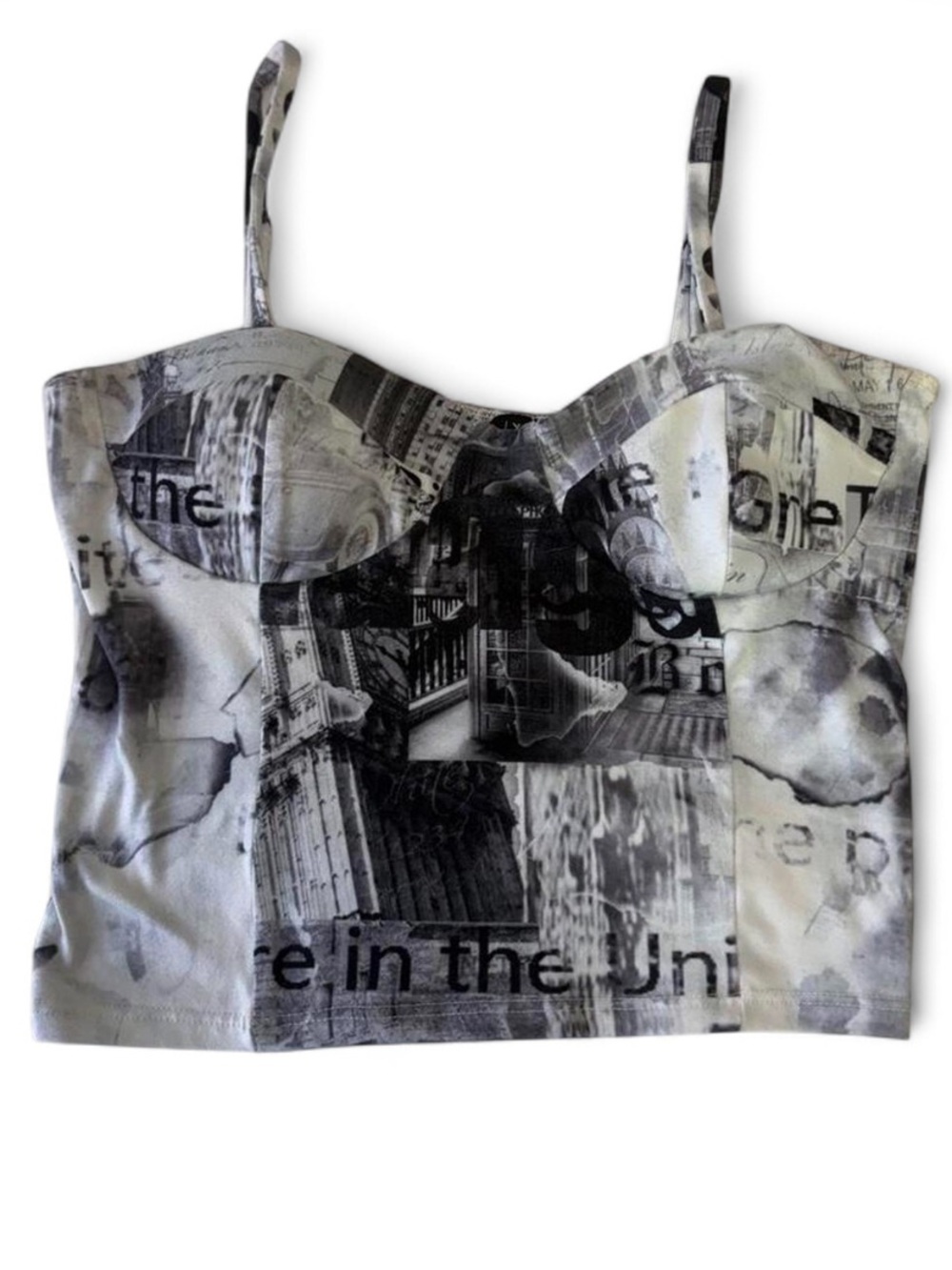 Gray Newspaper Print Bustier Tank Top